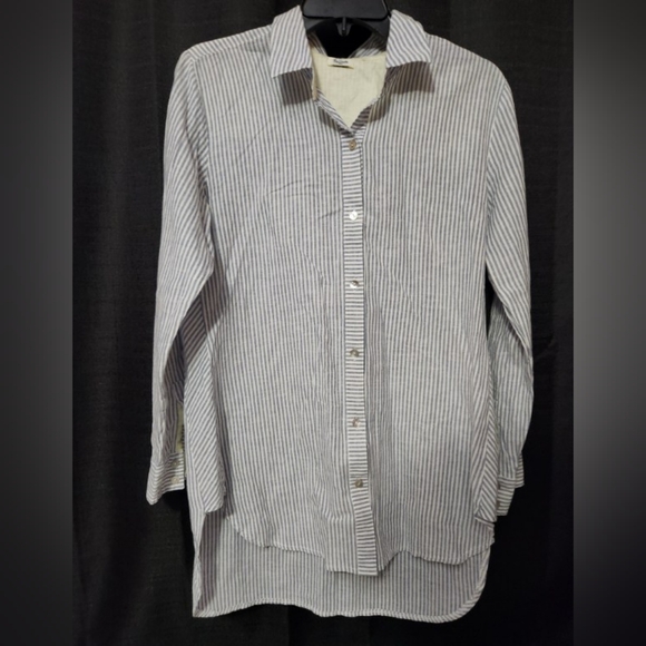 Symple NYC Linen Cotten Blend Button Down Long Sleeve Striped Shirt - Picture 1 of 5